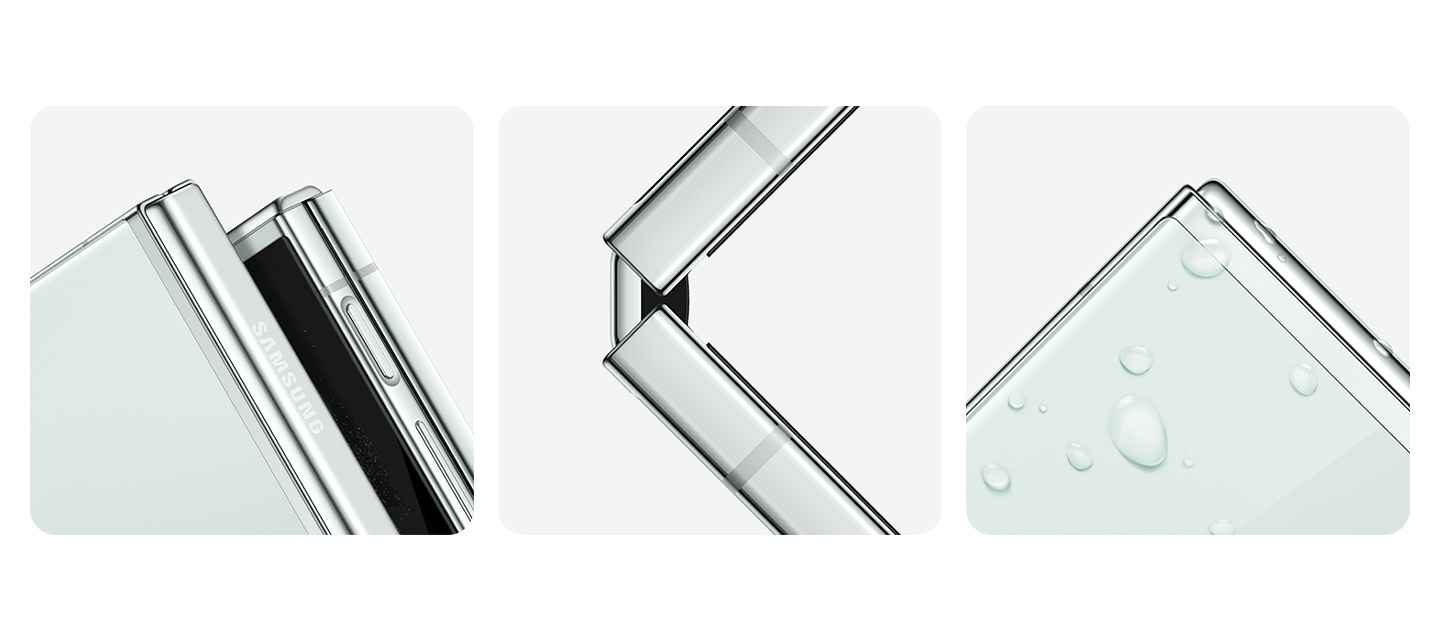 Drei Nahaufnahmen des Galaxy Z Flip5 aus verschiedenen Blickwinkeln, darunter der Seitenrahmen, das Flex-Scharnier und die Rckseite.