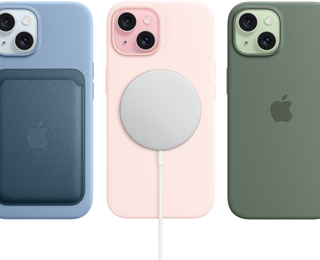 iPhone 15 und iPhone 15 Silikon Case mit MagSafe, Feingewebe Wallet mit MagSafe, MagSafe Ladegert, Externe MagSafe Batterie.