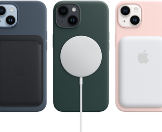 iPhone 14 MagSafe Cases in Mitternacht, Waldgrn und Kalkrosa mit MagSafe Zubehr, Wallet, Ladegert und einer Batterie.
