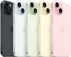 iPhone 15, Rckseite mit fortschrittlichem Kamera-System und durchgefrbtem Glas in allen Farben: Schwarz, Blau, Grn, Gelb, Pink.