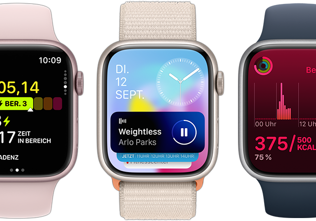 Vorderansicht von fnf Apple Watch Gerten, die zeigen, wie viel mehr Infos mit dem watchOS 10 Update auf das Display passen.