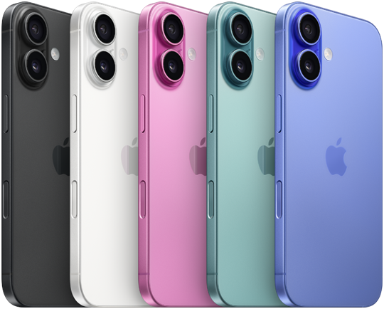 iPhone 16, Rckseite, erhhtes fortschrittliches Zwei-Kamera-System, Apple Logo in der Mitte, alle fnf Farben, Schwarz, Wei, Pink, Blaugrn, Ultramarin