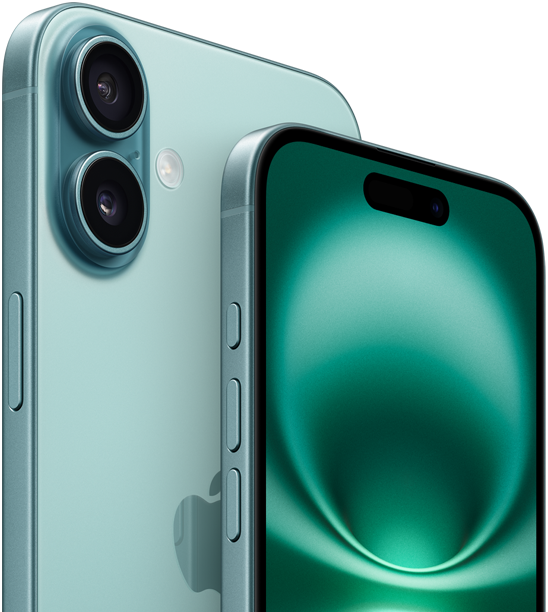 iPhone 16 Plus und iPhone 16, Actiontaste, Lautstrketasten, Seitentaste und Kamerasteuerung, Vorderseite, All-Screen Design, Dynamic Island oben in der Mitte, Rckseite, Blaugrn, erhhtes, fortschrittliches Zwei-Kamera-System oben links, Apple Logo in der Mitte