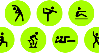 Training App-Aktivitten, inklusive Rollstuhl, Yoga, Rudergert, Funktionelles Krafttraining, Basketball, Radfahren indoor und Core Training, dargestellt durch Symbole