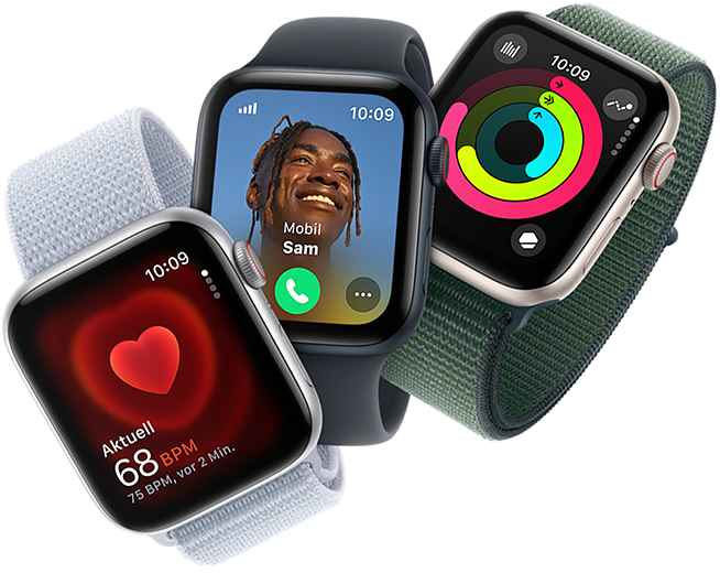 Herzfrequenzmesser, eingehender Anruf und Aktivittsringe auf drei Apple Watch Gerten