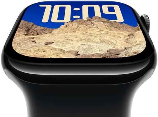 Das Display der Apple Watch Series 10 neigt sich zurck, um den greren Displaybereich hervorzuheben.