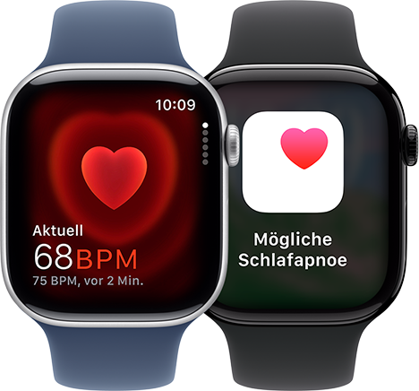 Die Herzfrequenz App mit einer aktuellen Messung von 68 BPM und eine Schlafapnoe Mitteilung auf zwei separaten Apple Watch Series 10 Gerten.