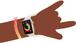 Cartoon-Illustration eines Kinderhandgelenks mit einer Apple Watch SE 3, die die Aktivitätsapp zeigt