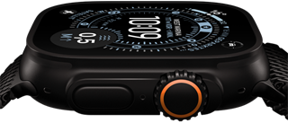 Apple Watch Ultra 3, Seitenansicht, Titangehäuse Schwarz, Kompass auf dem Orientierung Zifferblatt, Seitentaste und Digital Crown