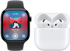 Apple Watch Series 11, Titangehäuse Schiefer, Armband: Sportarmband Schwarz, Apple Music App geöffnet, gekoppelt mit AirPods 4