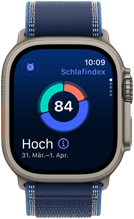 Apple Watch Ultra 3, Titangehäuse Natur, Display mit Schlafindex, Aufteilung als Kreisdiagramm, Indexwert in der Mitte, Armband, Trail Loop Blau