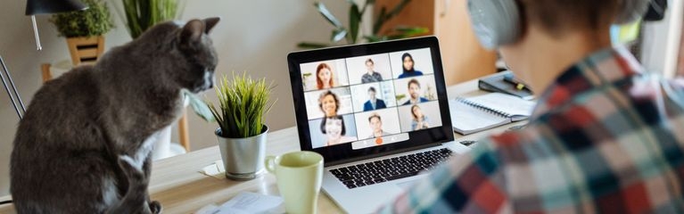 Frau schaut auf eine Videokonferenz im Homeoffice