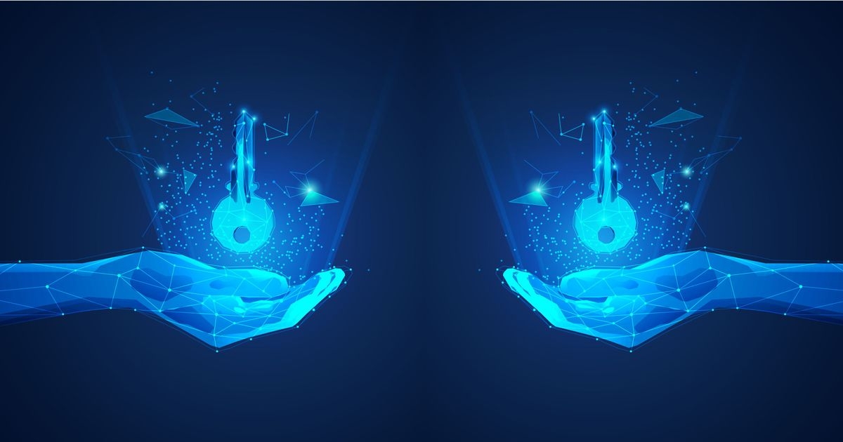 Zwei geöffnete Hände von links und rechts mit den Handflächen nach oben. Über beiden Handflächen schwebt jeweils das gleiche digitale Schlüsselsymbol.
