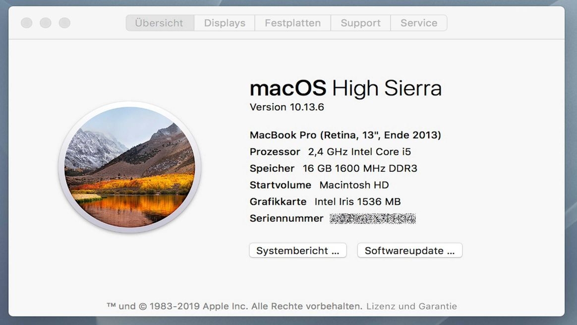 Fenster des Mac-Dienstprogrammes zur Festplattenverwaltung mit System-Informationen