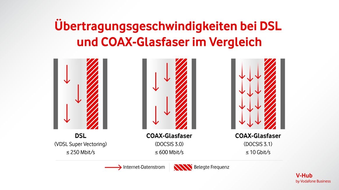Infografik zum Vergleich von DSL und COAX-Glasfaser