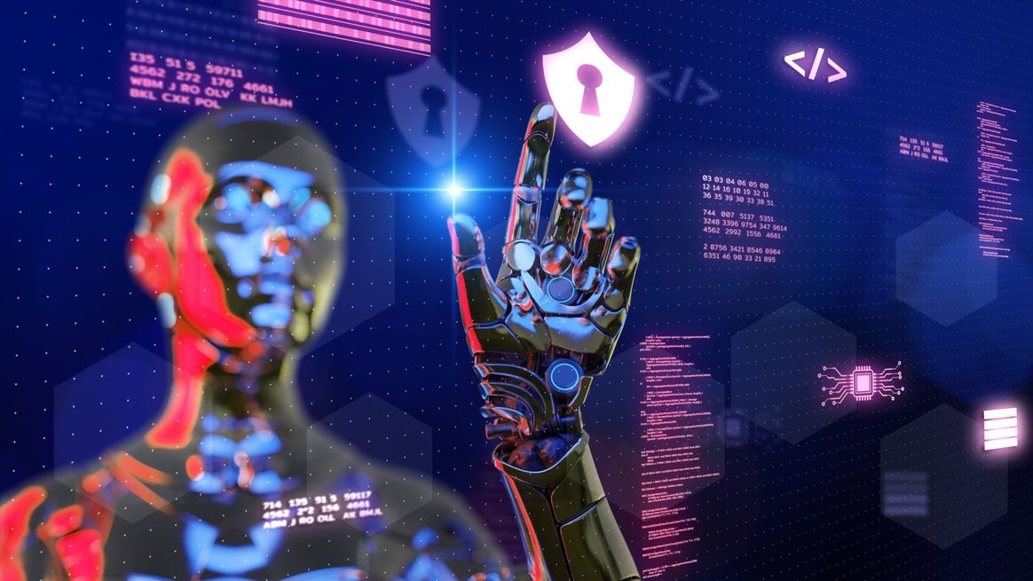  Ein Androide im Bildhintergrund tippt mit dem Zeigefinger seiner linken Hand auf ein Schutzschildsymbol mit einem Schlüsselloch im Vordergrund.