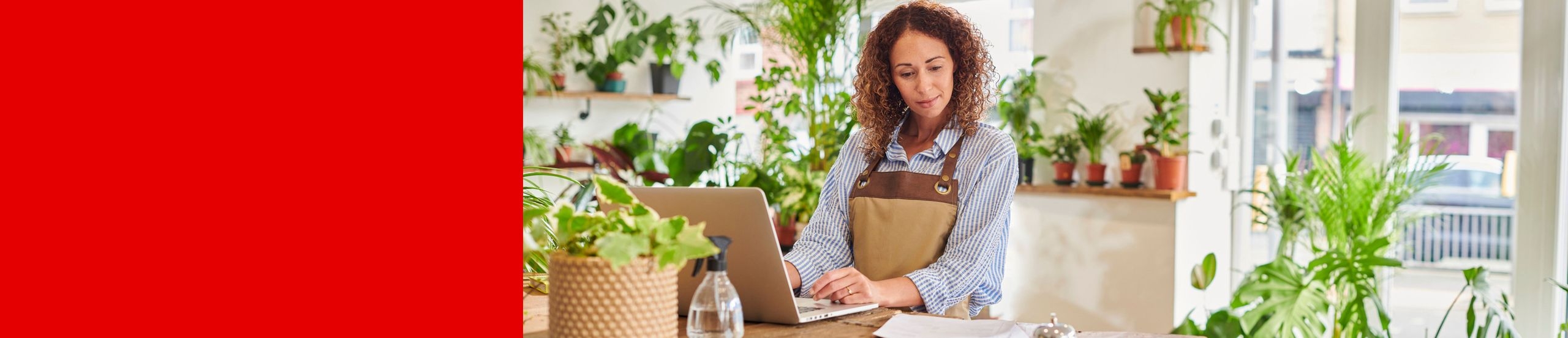 Eine Frau mit Schürze steht in einem Pflanzengeschäft an einem Laptop und tippt.