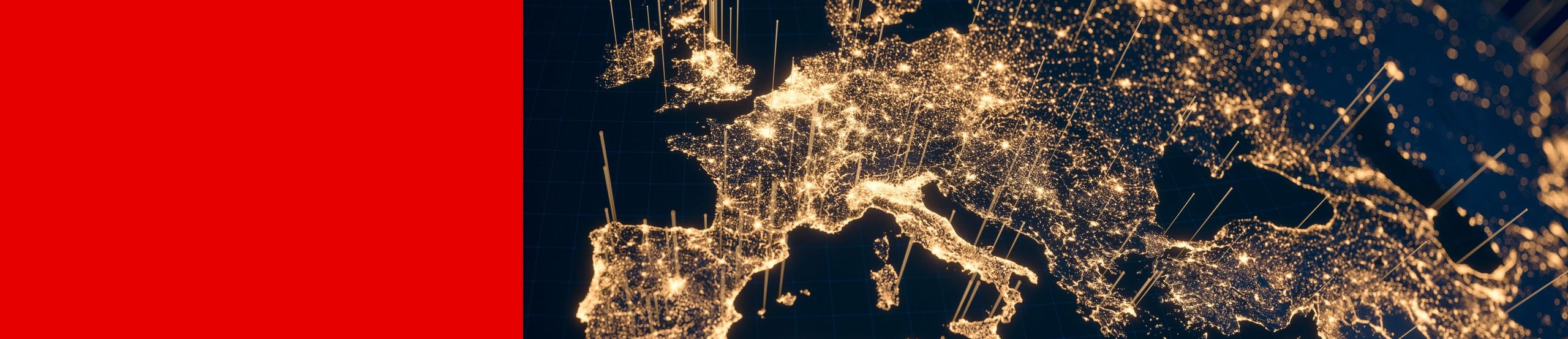 Karte von Europa mit leuchtenden Stadtlichtern und Kommunikationslinien aus dem Weltraum bei Nacht.