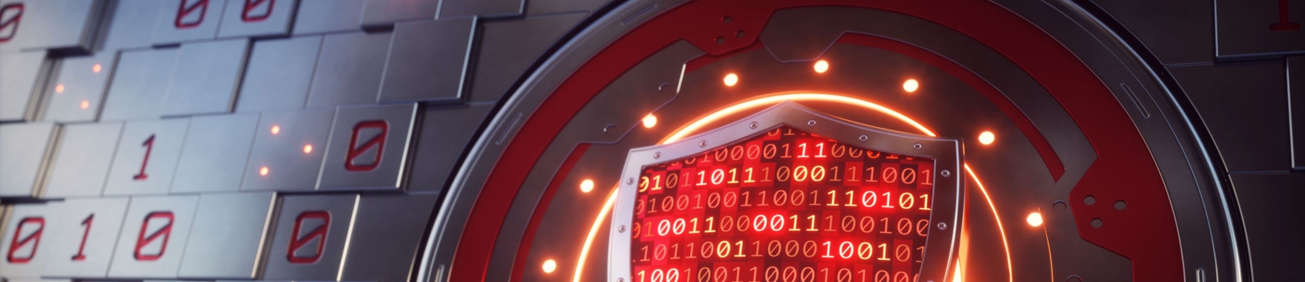 Rotes Firewall-Schildsymbol vor futuristischer Kulisse mit Nullen und Einsen 