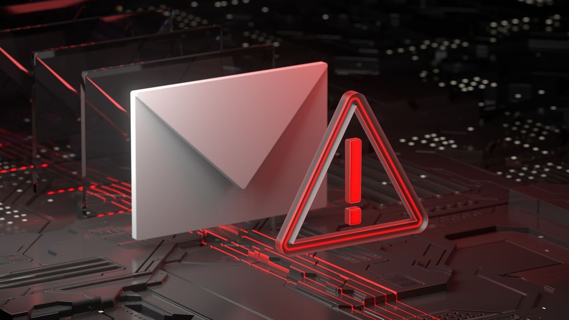 Darstellung eines Briefumschlags über den rot stilisierten Leiterbahnen einer Computerplatine. Davor befindet sich ein rotes Ausrufezeichen in einem roten Dreieck.