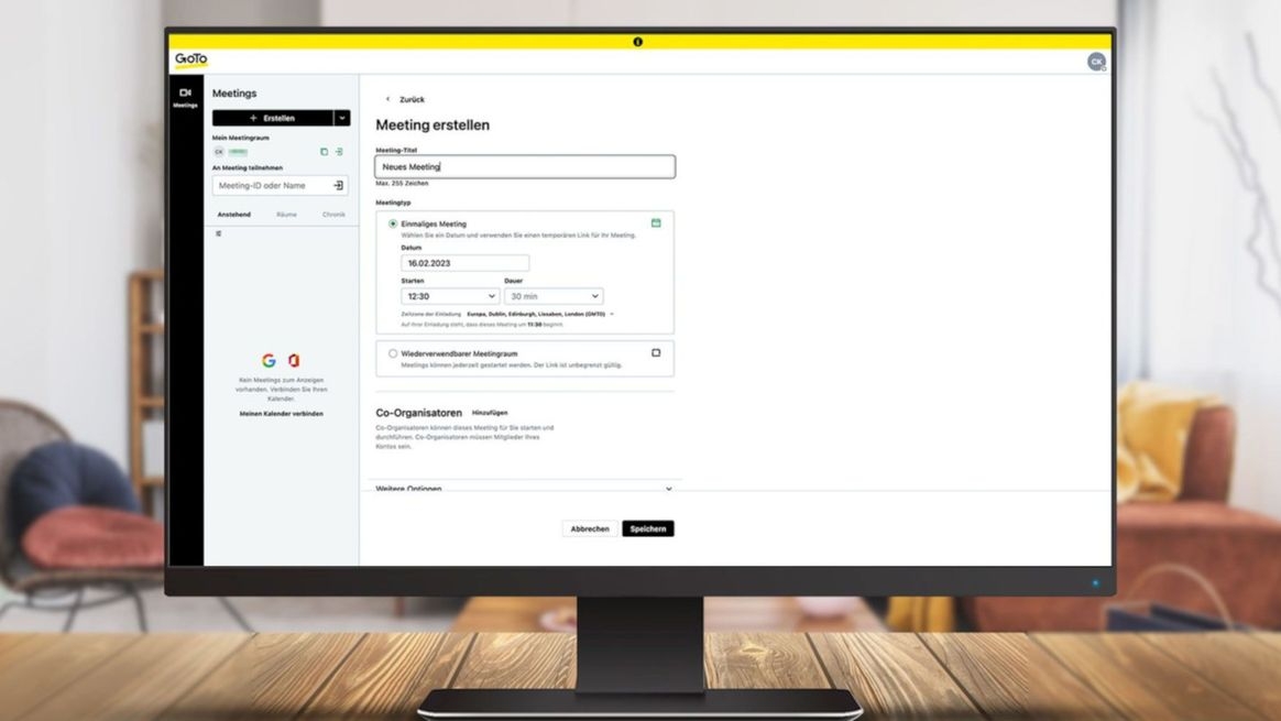 Bildschirm zeigt Screenshot der Anwendung GoToMeeting mit Fenster zum Erstellen eines Meetings