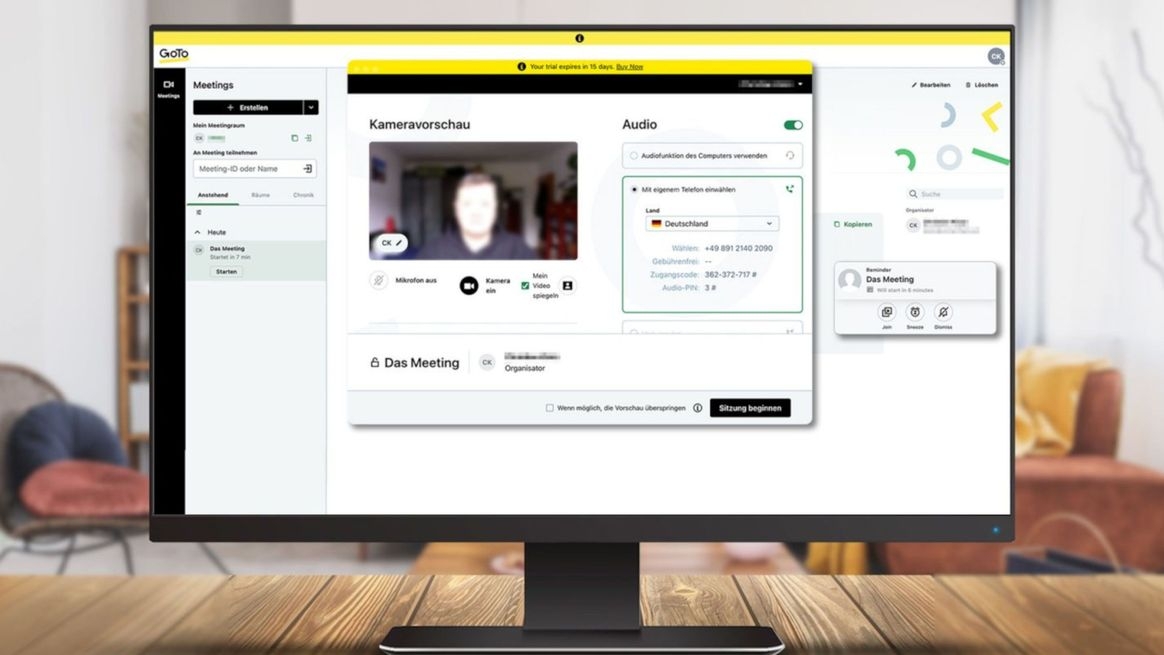 Bildschirm zeigt Screenshot der Anwendung GoToMeeting mit Option zum Umschalten zwischen Video- und Telefonteilnahme