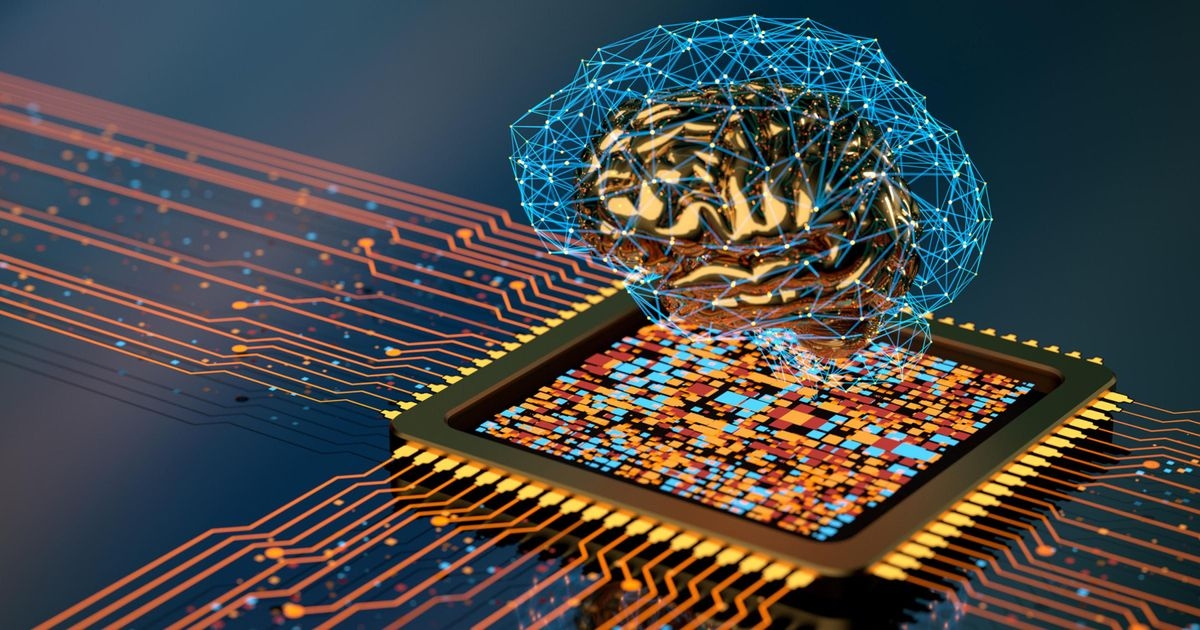Ein Gehirn, umgeben von einem blauen Netzwerk schwebt über einem Mikroprozessor, von dem zahlreiche Leiterbahnen abgehen.