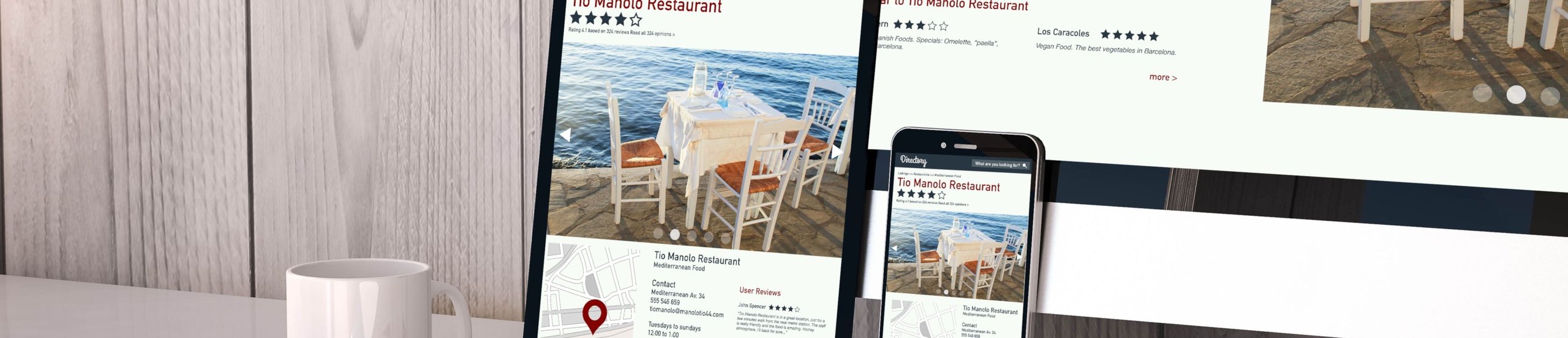 Desktop-Bildschirm, Tablet und Handy zeigen die gleiche Webseite zu einer Restaurant-Bewertung in unterschiedlicher Größe