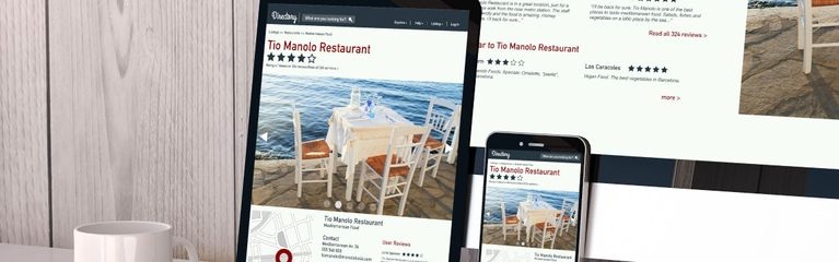 Desktop-Bildschirm, Tablet und Handy zeigen die gleiche Webseite zu einer Restaurant-Bewertung in unterschiedlicher Größe