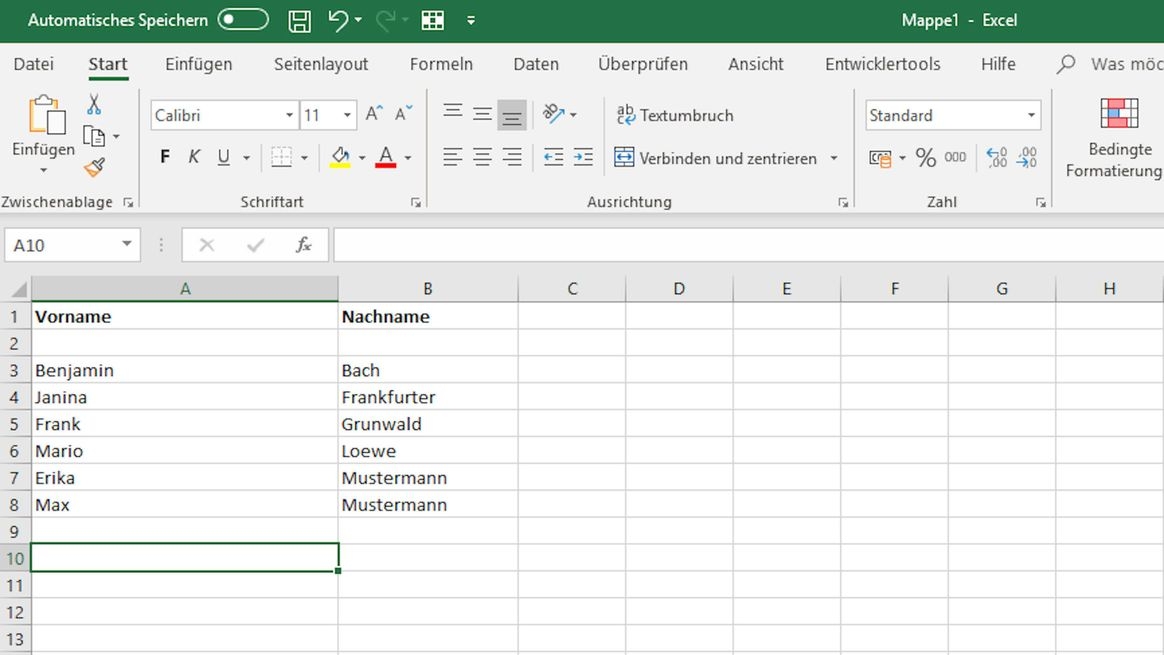 Ansicht einer Excel-Tabelle mit per Makro getrennten Vor- und Nachnamen
