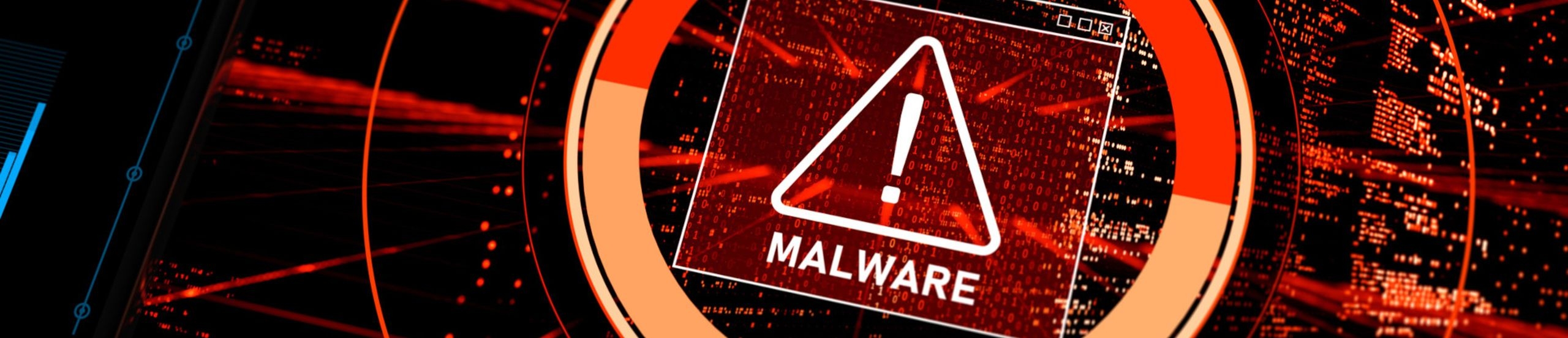 Ein rotes Ausrufezeichen mit der Aufschrift Malware vor stilisiertem Programmcode