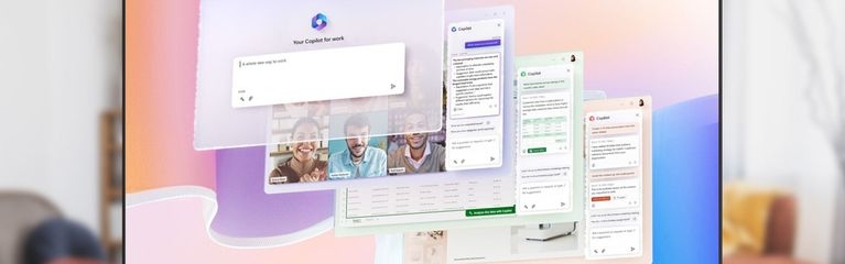 Vor einem bunten Hintergrund schweben Screenvisualisierungen von Microsoft 365-Apps wie Teams, Excel und PowerPoint. Diese zeigen, wie Copilot in Form eines Chat-Bereiches in die Apps integriert ist.