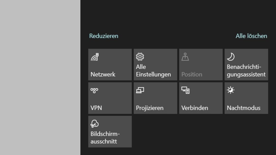  Ansicht der Funktionen im Info Center von Windows 10.