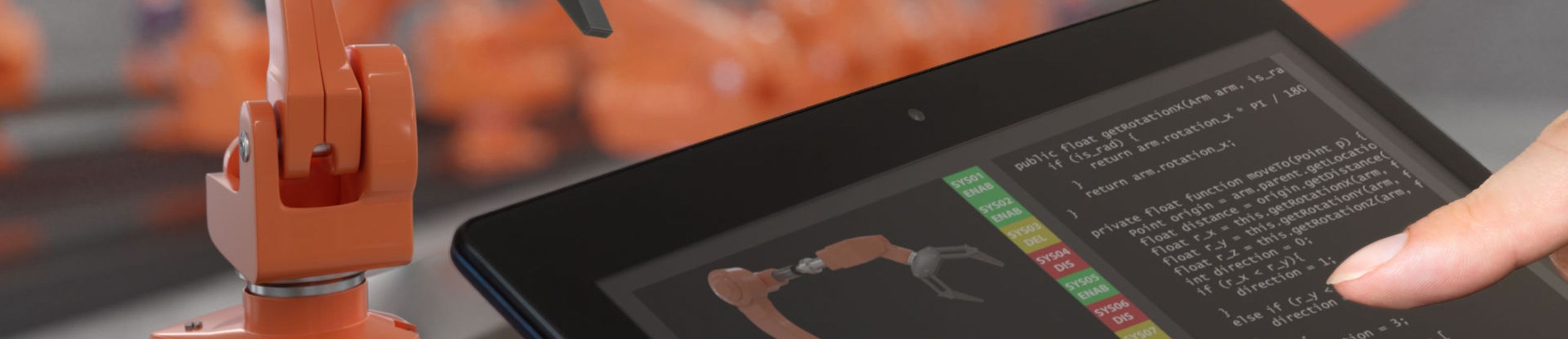 Ein Finger zeigt auf ein Tablet mit dem Symbol eines Roboterarms. Daneben und im Hintergrund sind weitere Arme von Industrierobotern zu sehen
