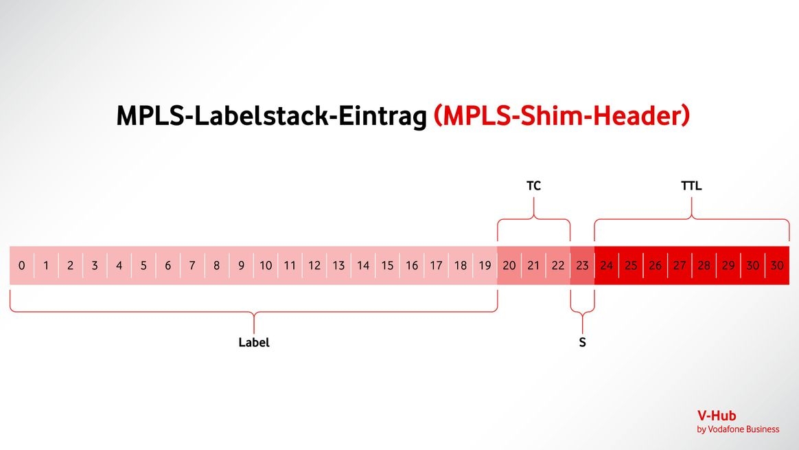 Der MPLS-Labelstackeintrag (Label Stack Entry) besteht aus 32 Bit mit Informationen zur nächsten Routingadresse (Label), zur Paketpriorität (TC), der Position im Stack (S) und zur Verwurfzeit (TTL)