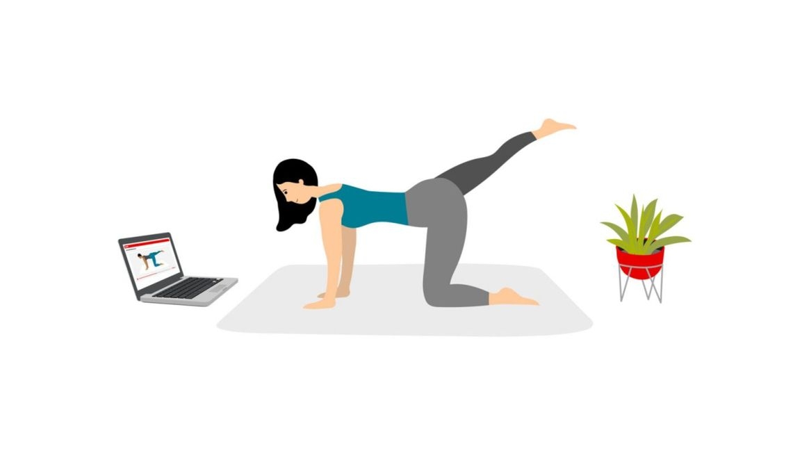 Grafik: Frau macht Yoga-Übung vor einem Laptop