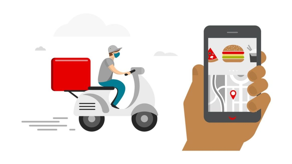 Grafik: Person auf Moped mit Lieferkasten; daneben Hand mit Handy, das Burger und Wegstrecke zeigt