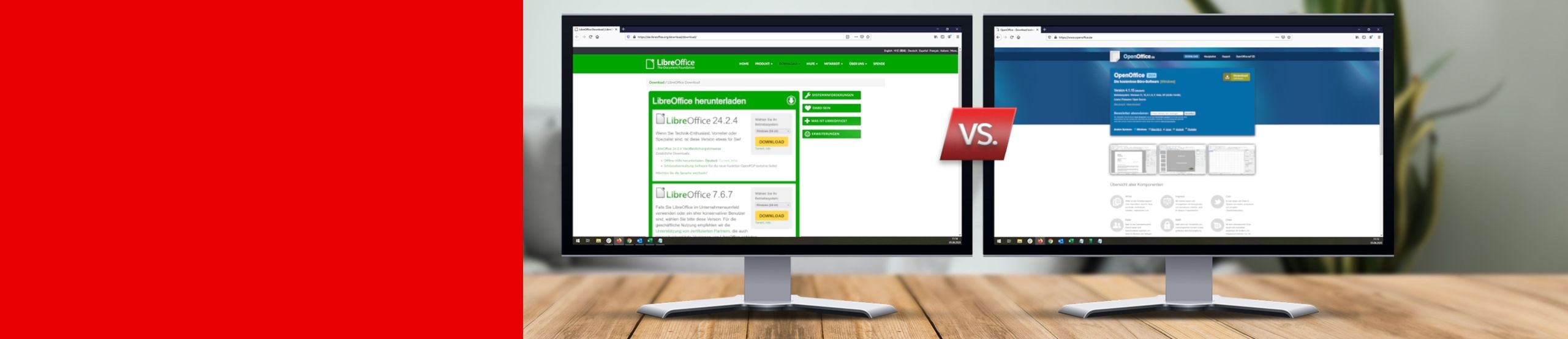 Zwei Monitore stehen nebeneinander mit den jeweiligen Webseiten von LibreOffice und OpenOffice