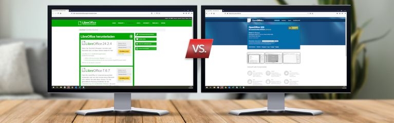 Zwei Monitore stehen nebeneinander mit den jeweiligen Webseiten von LibreOffice und OpenOffice