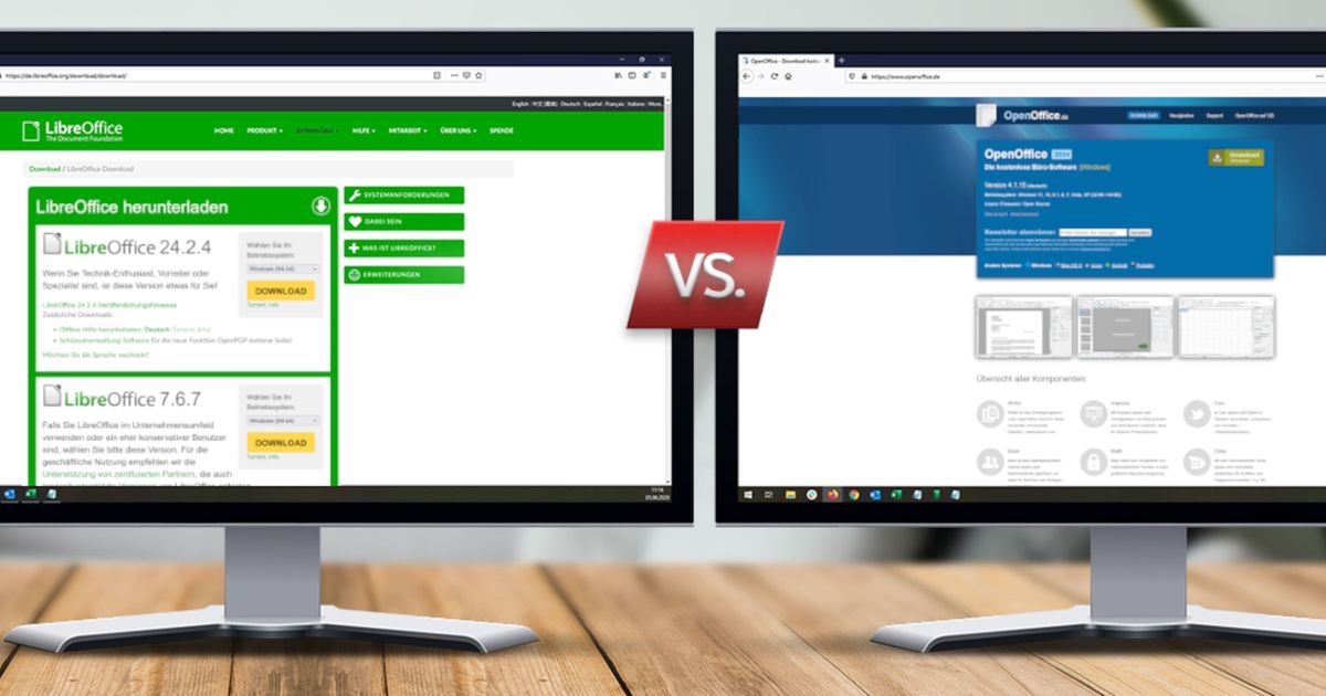 Zwei Monitore stehen nebeneinander mit den jeweiligen Webseiten von LibreOffice und OpenOffice