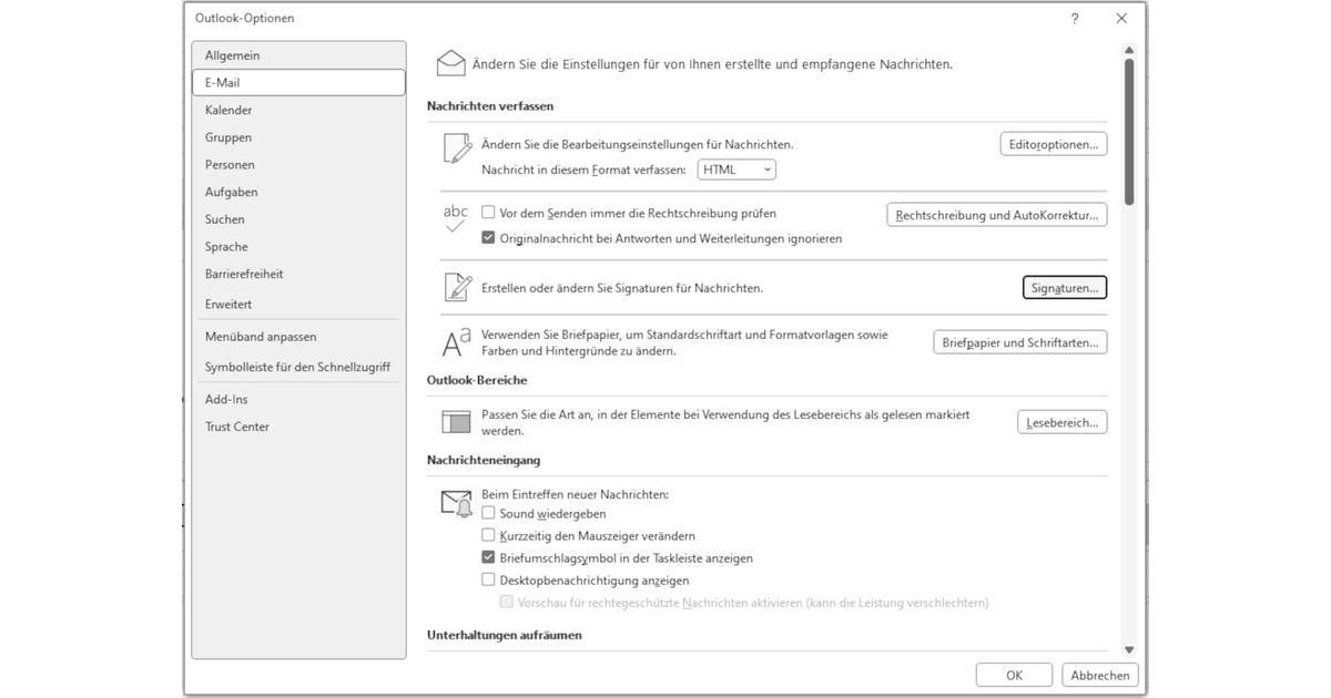 Screenshot des Menüs zum Einrichten der Outlook-Signatur