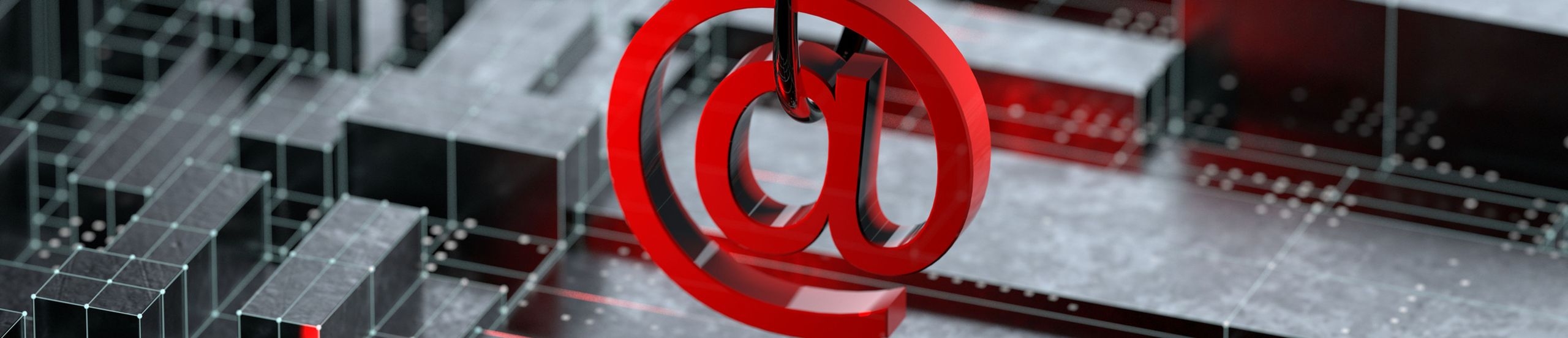 Ein rotes E-Mail-Symbol hängt an einem Angelhaken, darunter befinden sich schwarze stilisierte Quader.