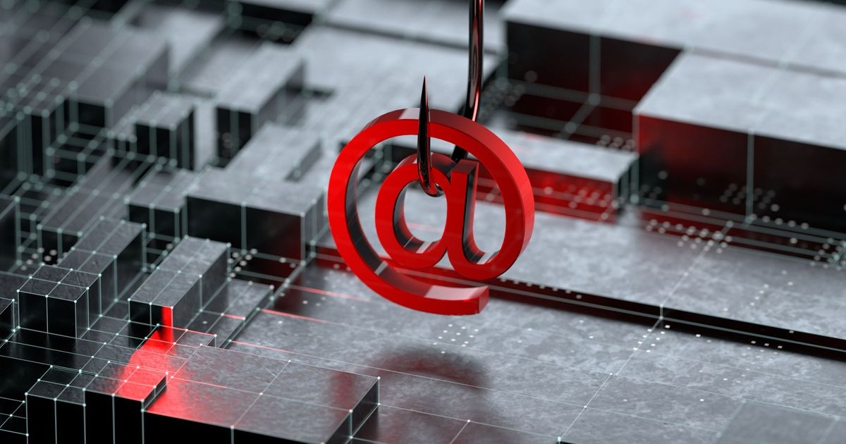 Ein rotes E-Mail-Symbol hängt an einem Angelhaken, darunter befinden sich schwarze stilisierte Quader.