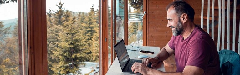 Ein Mann sitzt in einem Holzhaus vor einem Laptop. Vor seinem Fenster eine Waldlandschaft.