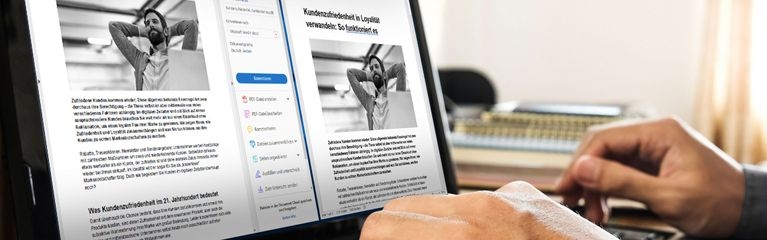 Ein Dokument in zwei Fenstern als PDF- und als Word-Datei auf dem Monitor eines Notebooks