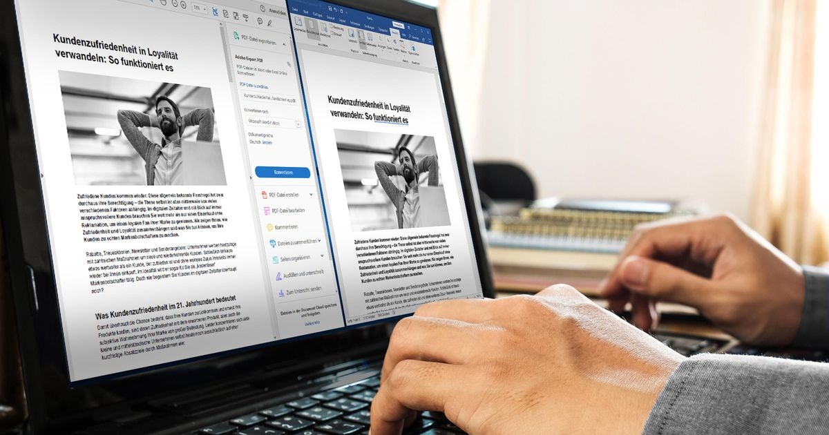 Ein Dokument in zwei Fenstern als PDF- und als Word-Datei auf dem Monitor eines Notebooks