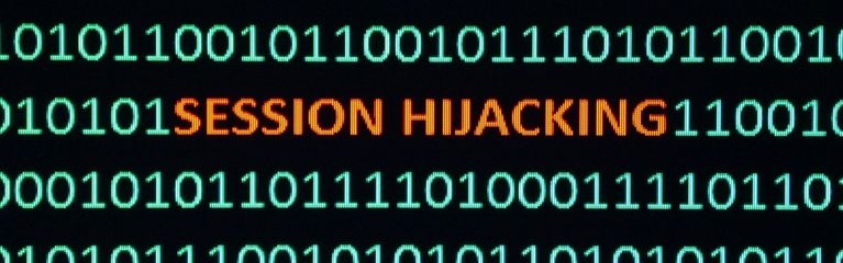 Screenshot mit Binärcode in Grün und dem Schriftzug Session Hijacking im Zentrum des Bildes in Orange