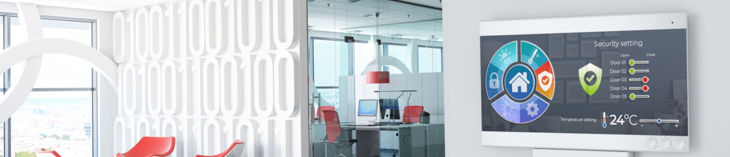 Modernes Büro mit Schalttafel zur Steuerung von Beleuchtung, Temperatur, Luftqualität, Zugang und Sicherheit.
