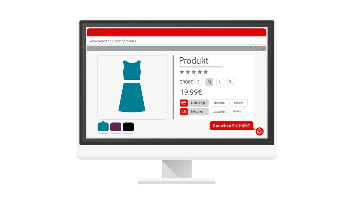 Grafik eines Bildschirms, auf dem eine Shopseite mit einem Kleid und Informationen wie Preis, Größe etc dargestellt wird