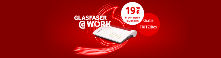 Glasfaser-Internetangebot mit FRITZ!Box gratis für 19,90€ in den ersten 6 Monaten, auf rotem Hintergrund dargestellt.